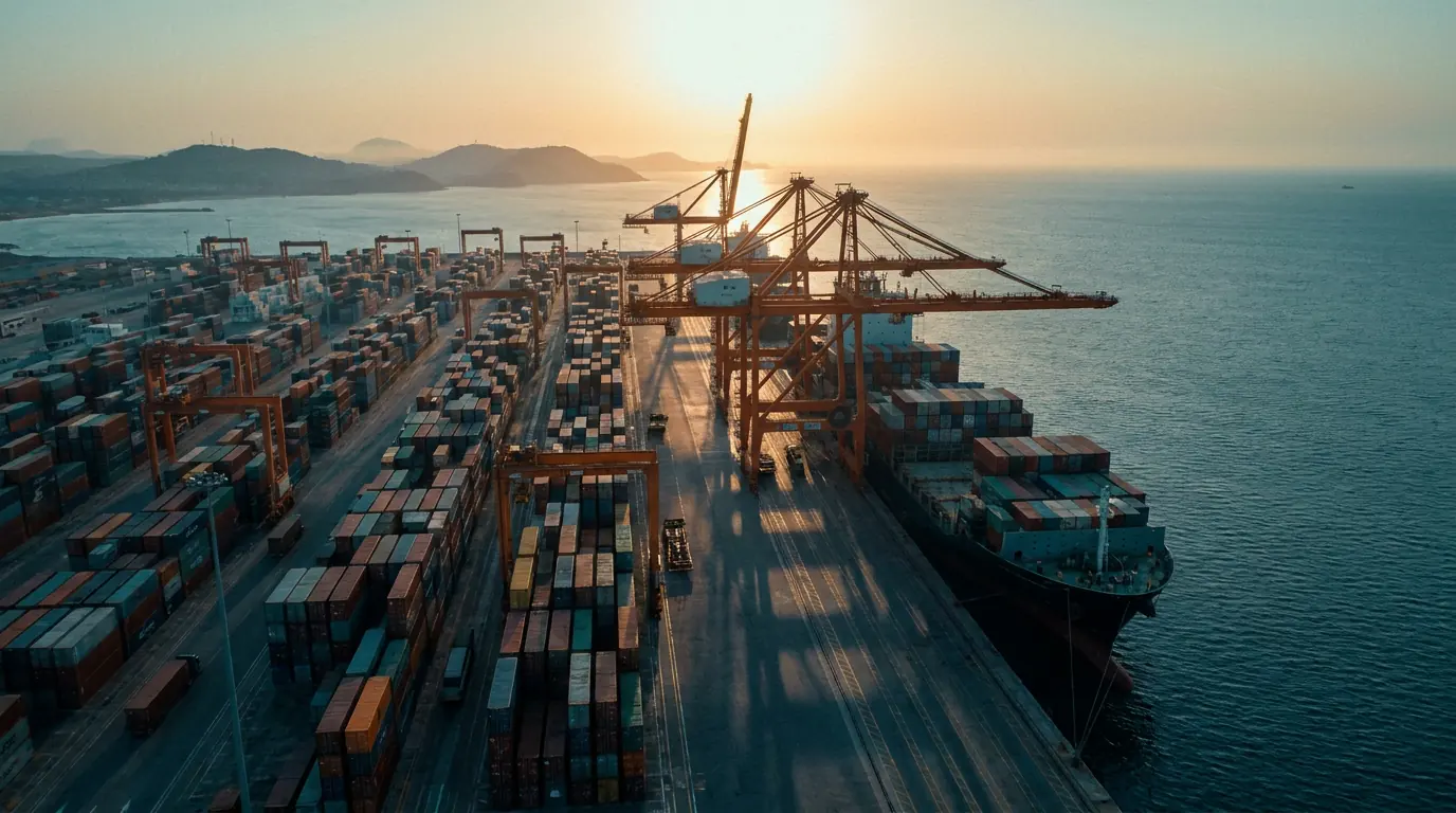 Aerial view of a deep-water Atlantic container port at golden dusk