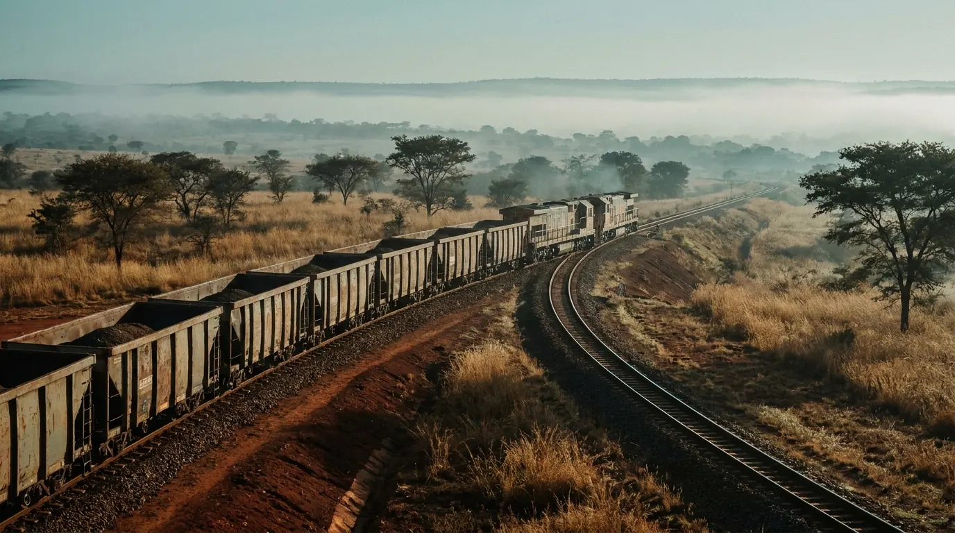 A freight train of ore wagons on a curving rail line through open savanna