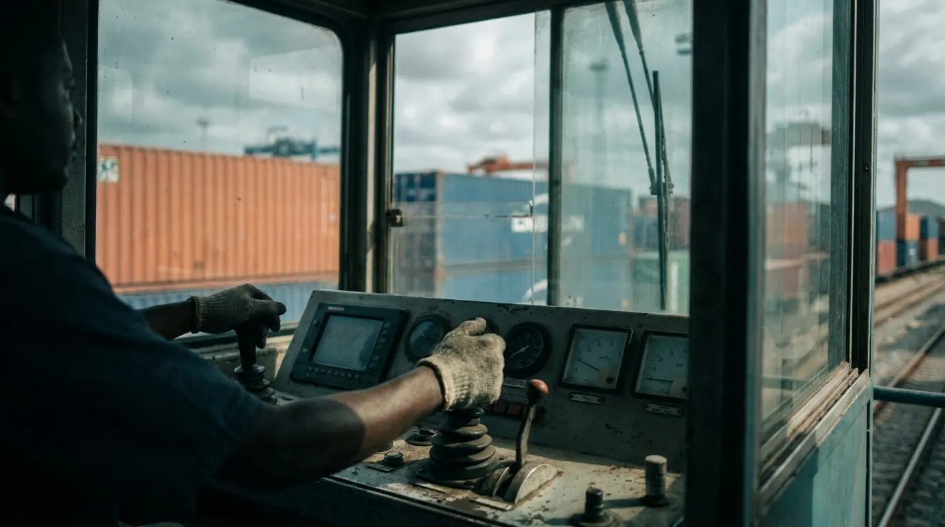 Operator at the controls of a rail locomotive in a container terminal, freight wagons and shipping containers beyond